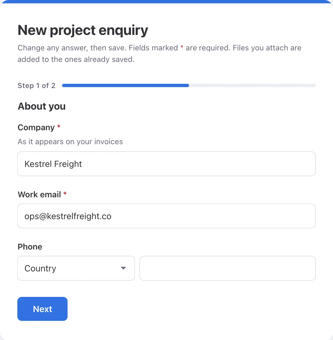 An update link, opened: the form pre-filled with the item's answers