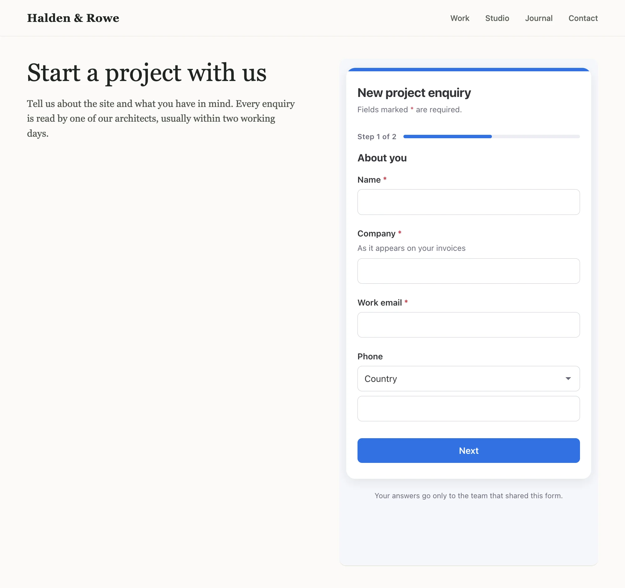 A Waypost form embedded on an architecture studio’s website