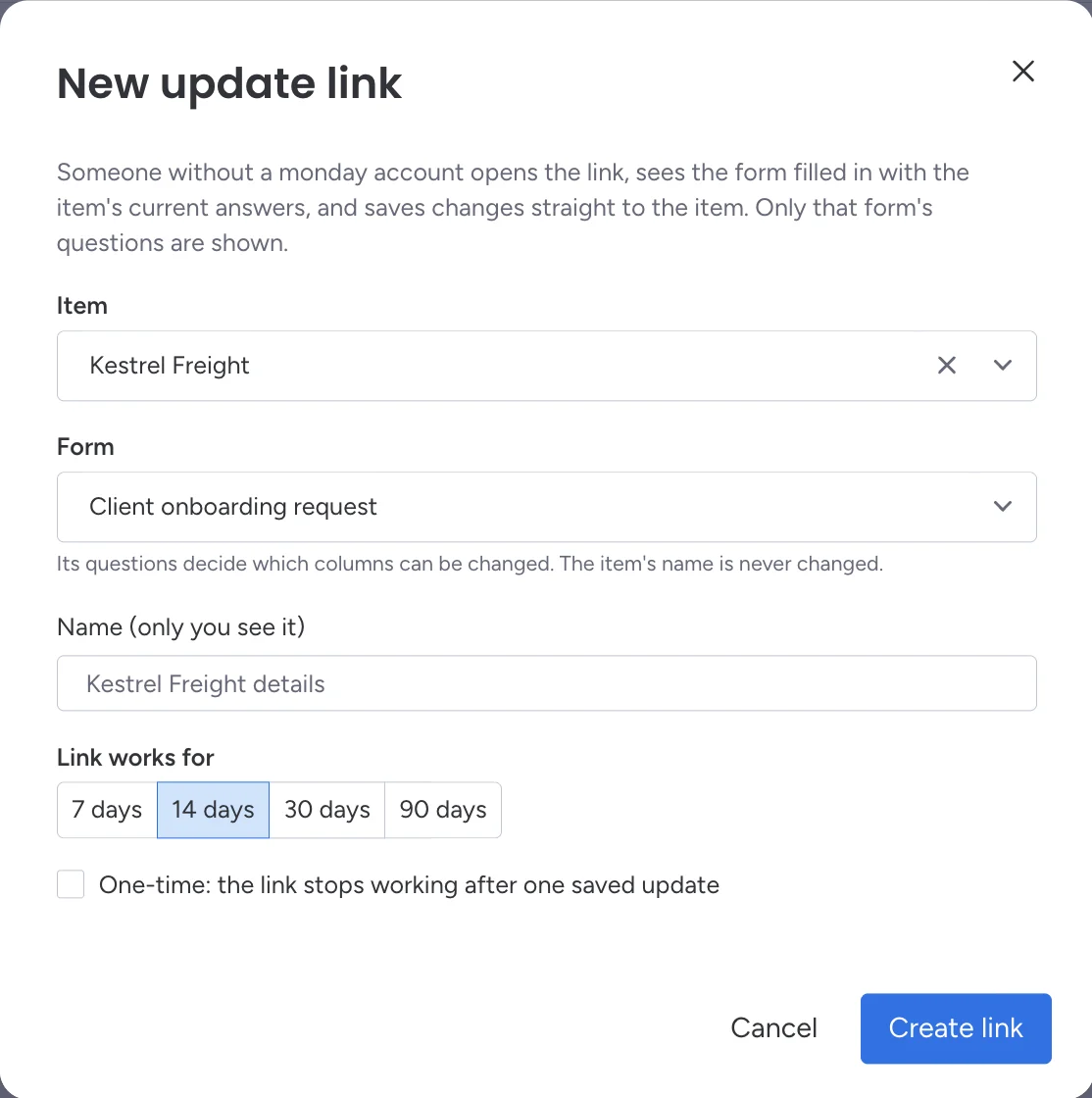 The New update link dialog: item, form, name and how long the link works